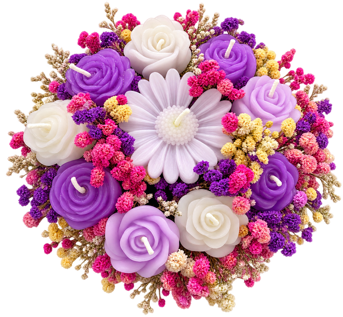 The pink, peach, ivory, and purple flowers give it a bright, romantic garden feel.