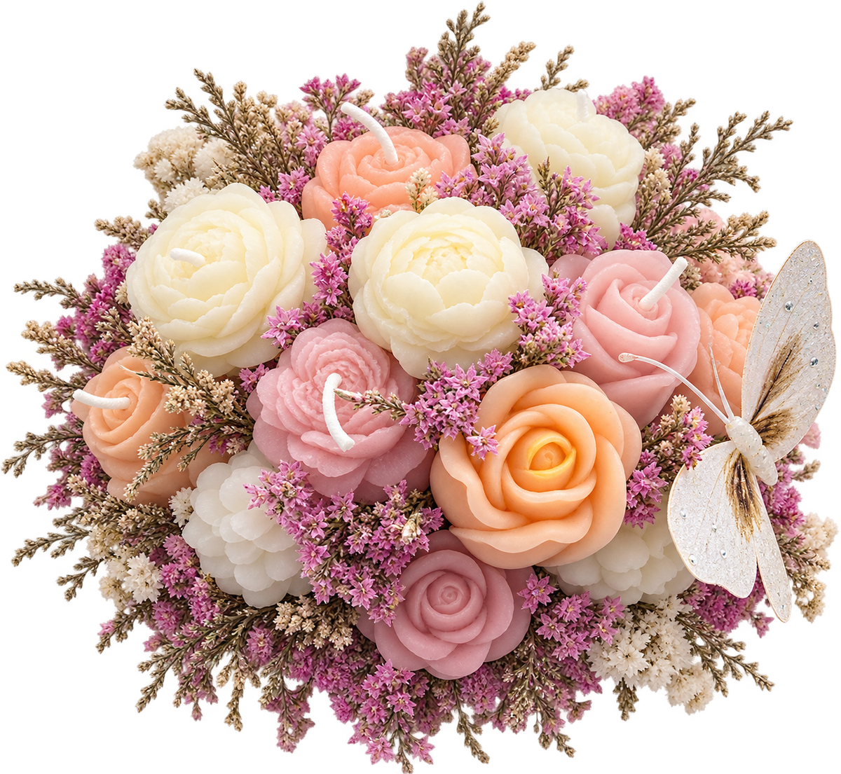 The soft peach, blush pink, ivory flowers, and delicate butterfly give it a dreamy, graceful feel.