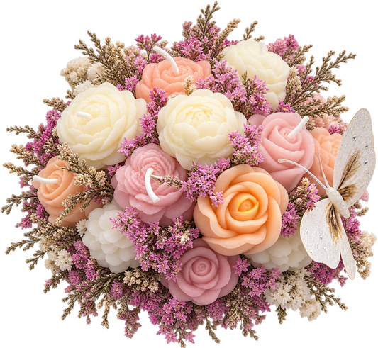 The soft peach, blush pink, ivory flowers, and delicate butterfly give it a dreamy, graceful feel.