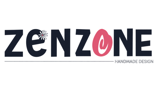 A logo-style graphic reading 'zenzone' in large dark navy letters with a pink circular accent on the 'o', plus a thin horizontal line and the words 'HANDMADE DESIGN' in small gray text on a white background.