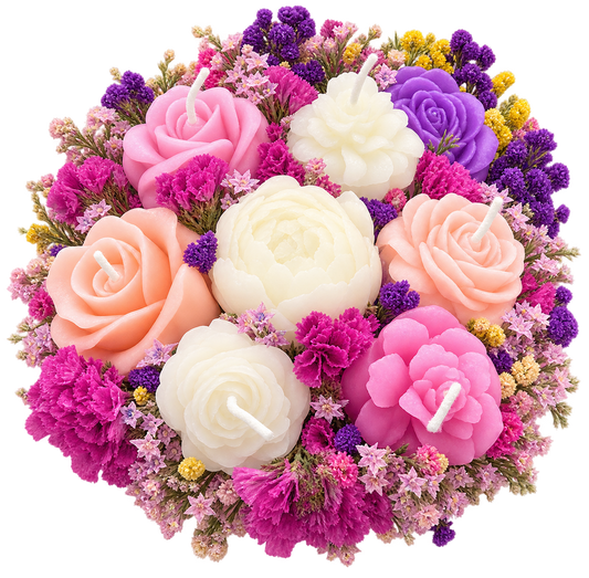 The soft purple roses, white blooms, bright pink accents, and centerpiece daisy give it a sweet, cheerful, romantic feel.