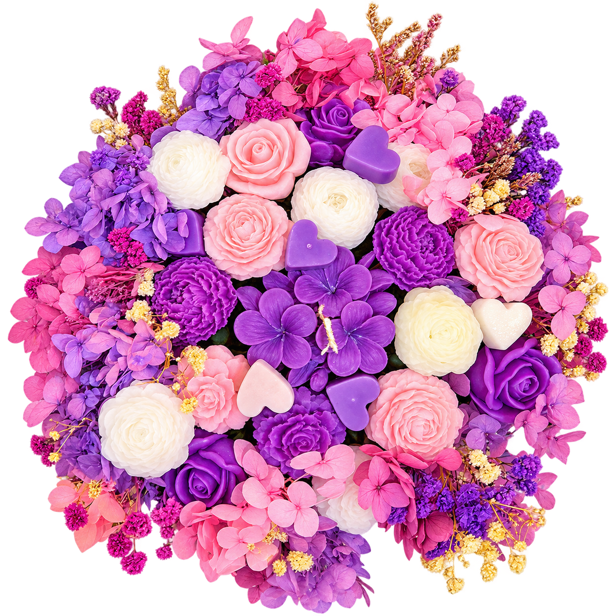 A dense, round floral bouquet featuring a mix of pink, purple, and white artificial flowers, including roses, hydrangeas, and carnations, accented with small white and purple heart-shaped candles and gold filler stems, isolated on a white background.